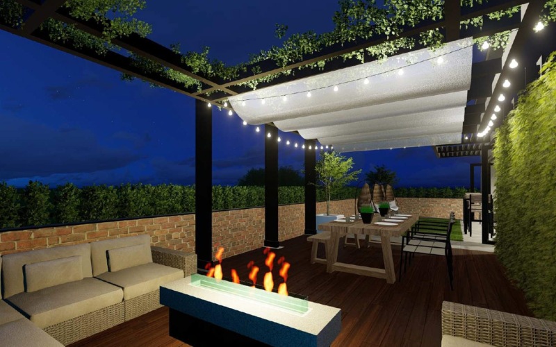 rendering of outdoor lounge with a  fire pit