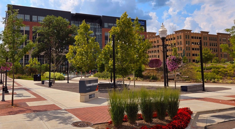 a building with walkway with trees and a large building